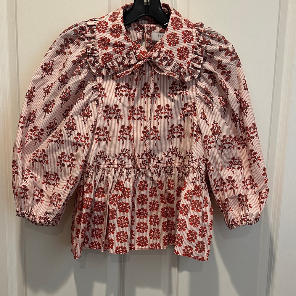HUNTER BELL Red and White Floral Blouse with Detachable Ruffled Collar